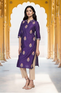 Purple Embroidered Floral Straight Rayon Kurta