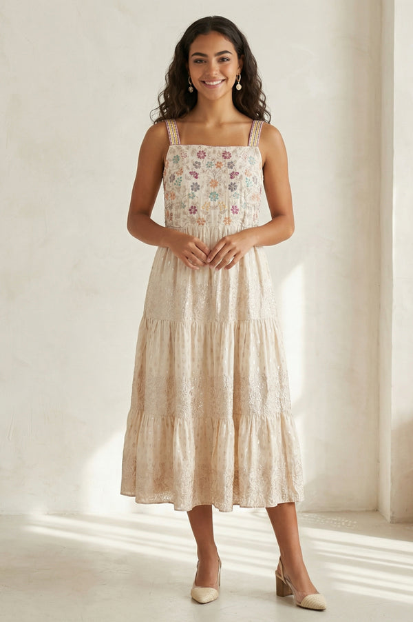 Off-White Floral Printed Embroidered Flared Dress Set