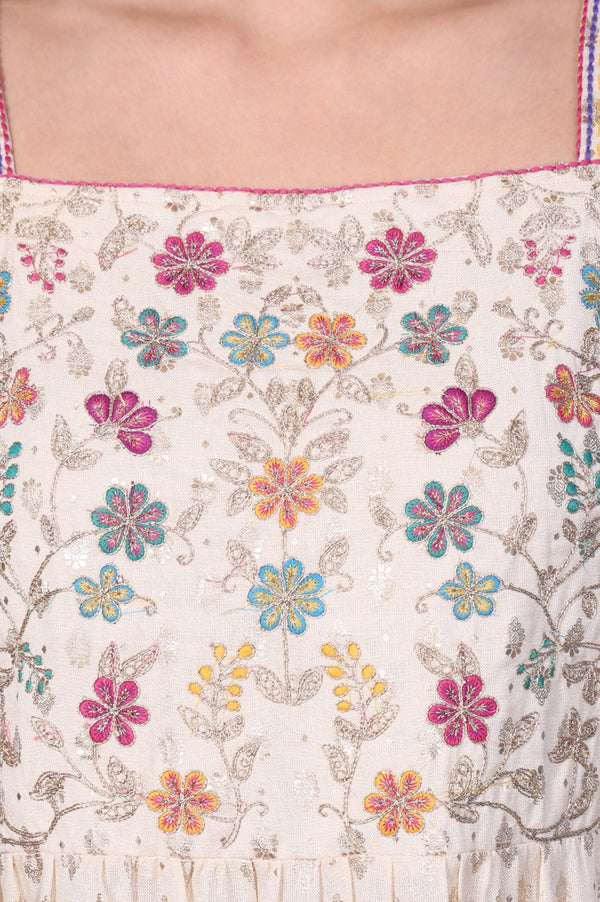 Off-White Floral Printed Embroidered Flared Dress Set