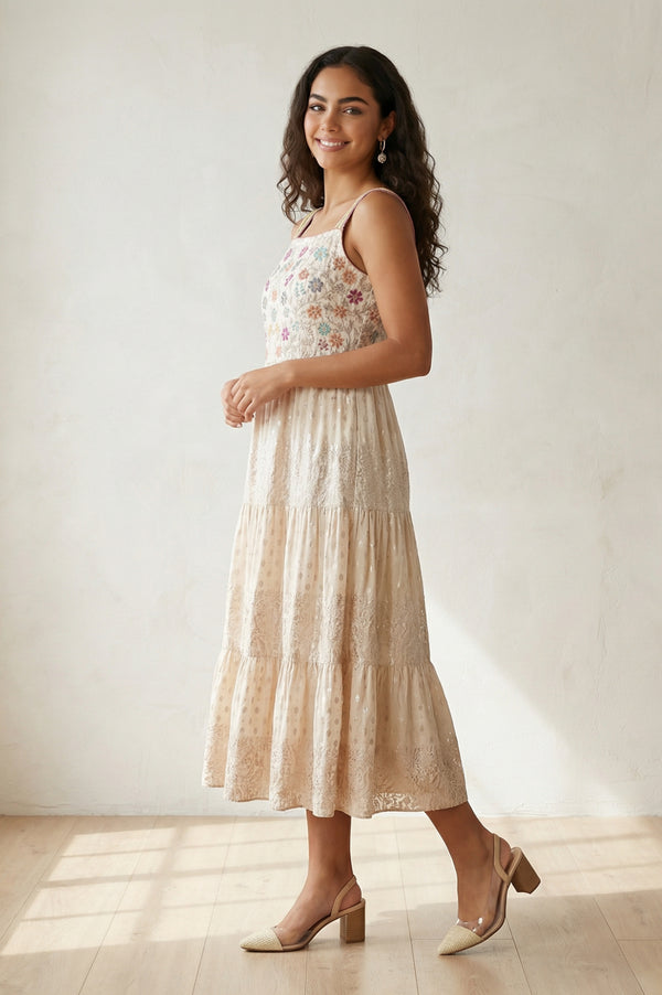 Off-White Floral Printed Embroidered Flared Dress Set