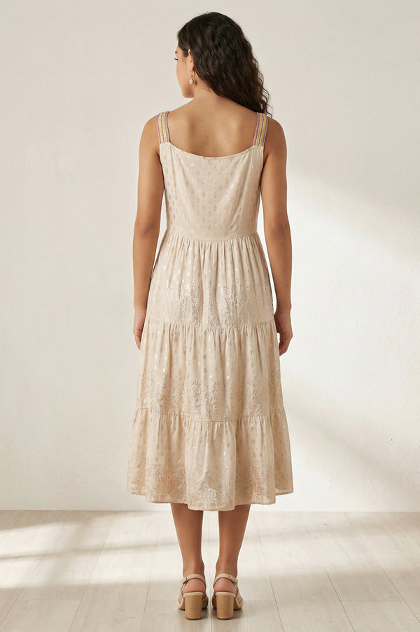 Off-White Floral Printed Embroidered Flared Dress Set