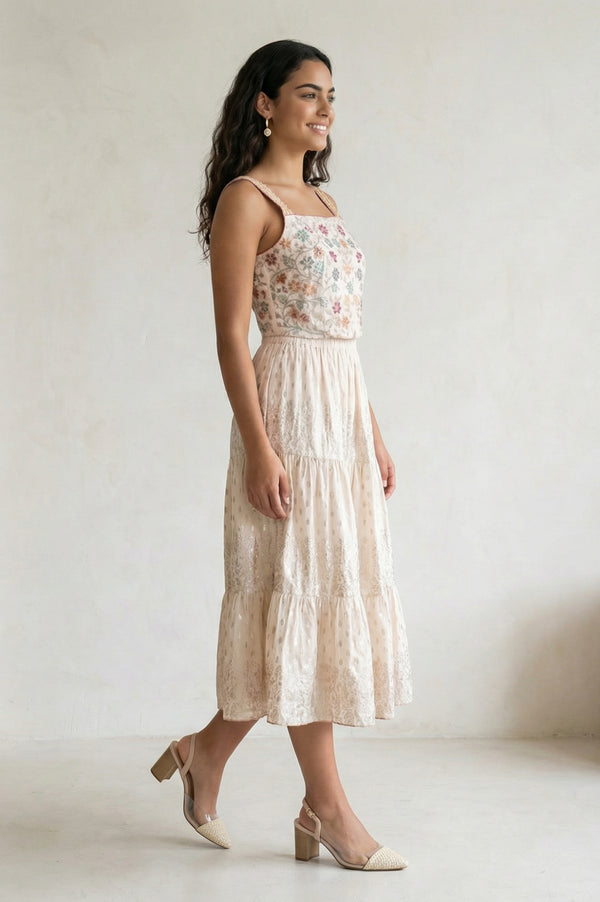 Off-White Floral Printed Embroidered Flared Dress Set