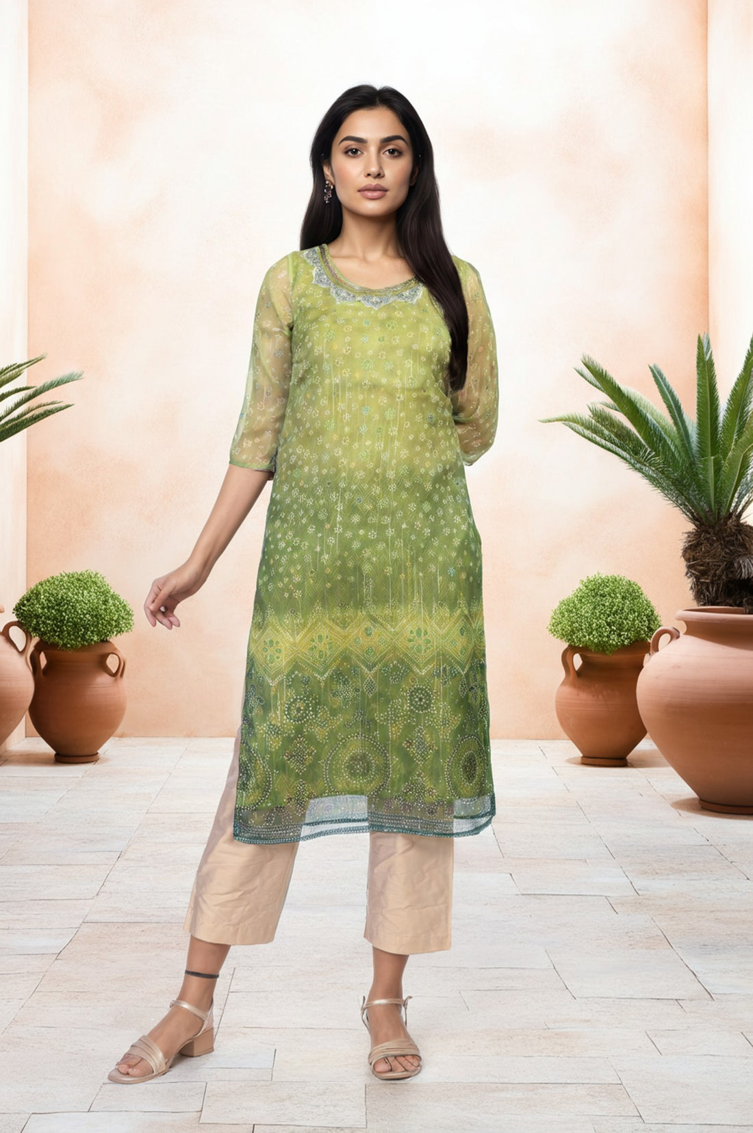 Green Embroidered Straight Kurta