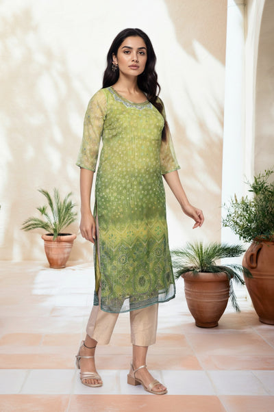 Green Embroidered Straight Kurta