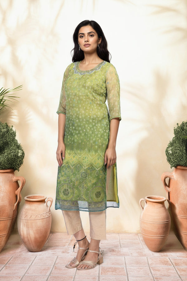 Green Embroidered Straight Kurta