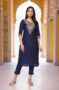 Navy Blue Embroidered Straight Kurta