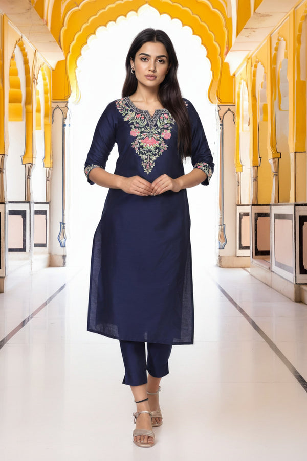 Navy Blue Embroidered Straight Kurta