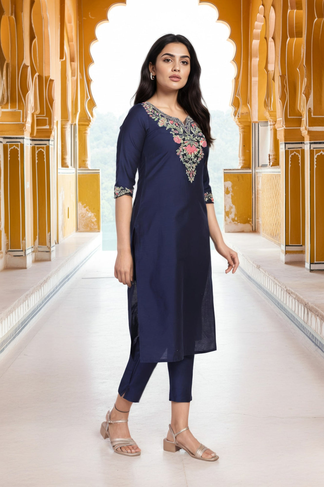 Navy Blue Embroidered Straight Kurta