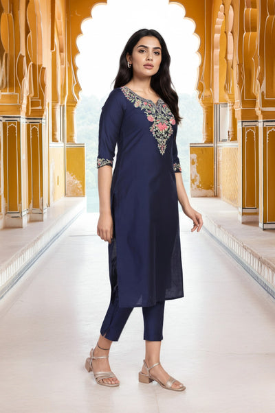 Navy Blue Embroidered Straight Kurta