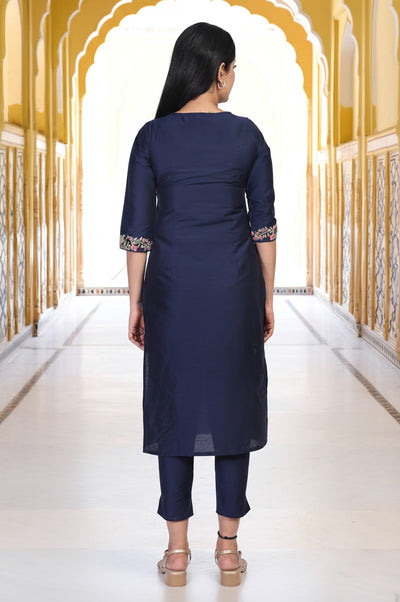 Navy Blue Embroidered Straight Kurta