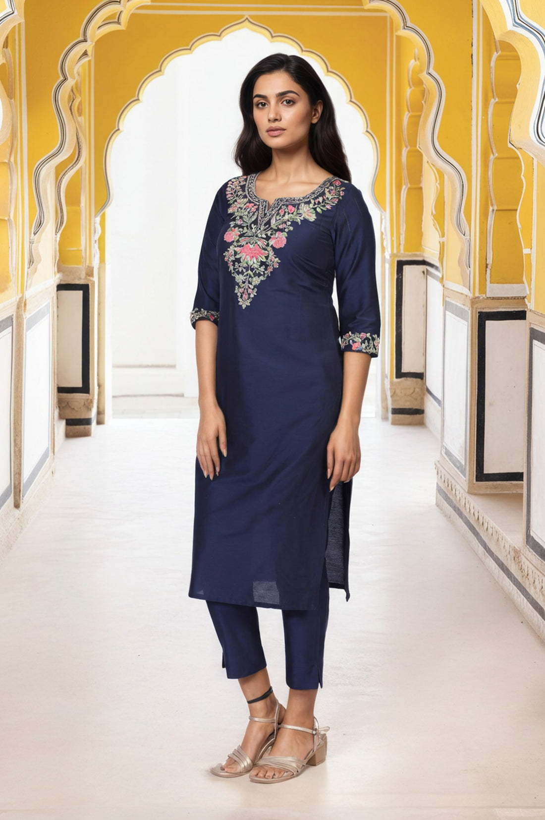 Navy Blue Embroidered Straight Kurta