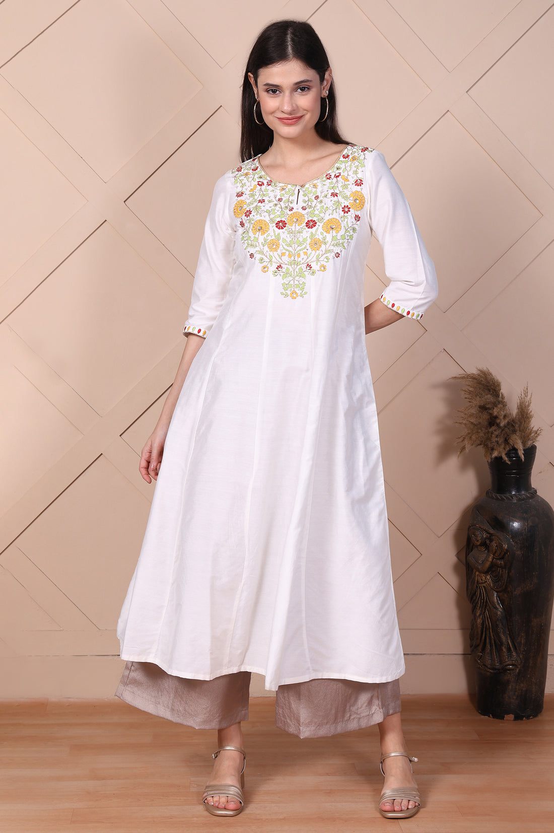 White Thread Embroidered Flared A-line Kurta