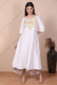 White Thread Embroidered Flared A-line Kurta