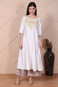 White Thread Embroidered Flared A-line Kurta