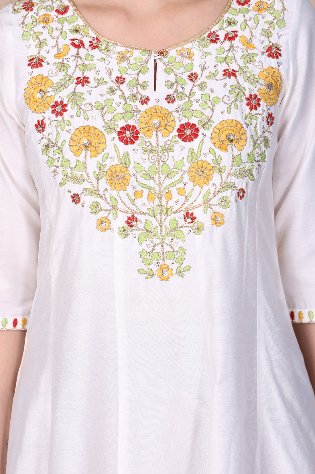 White Thread Embroidered Flared A-line Kurta