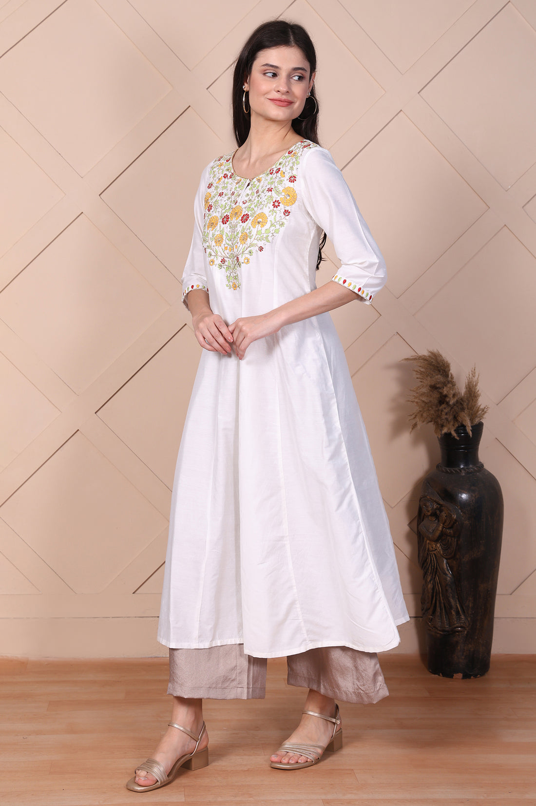 White Thread Embroidered Flared A-line Kurta