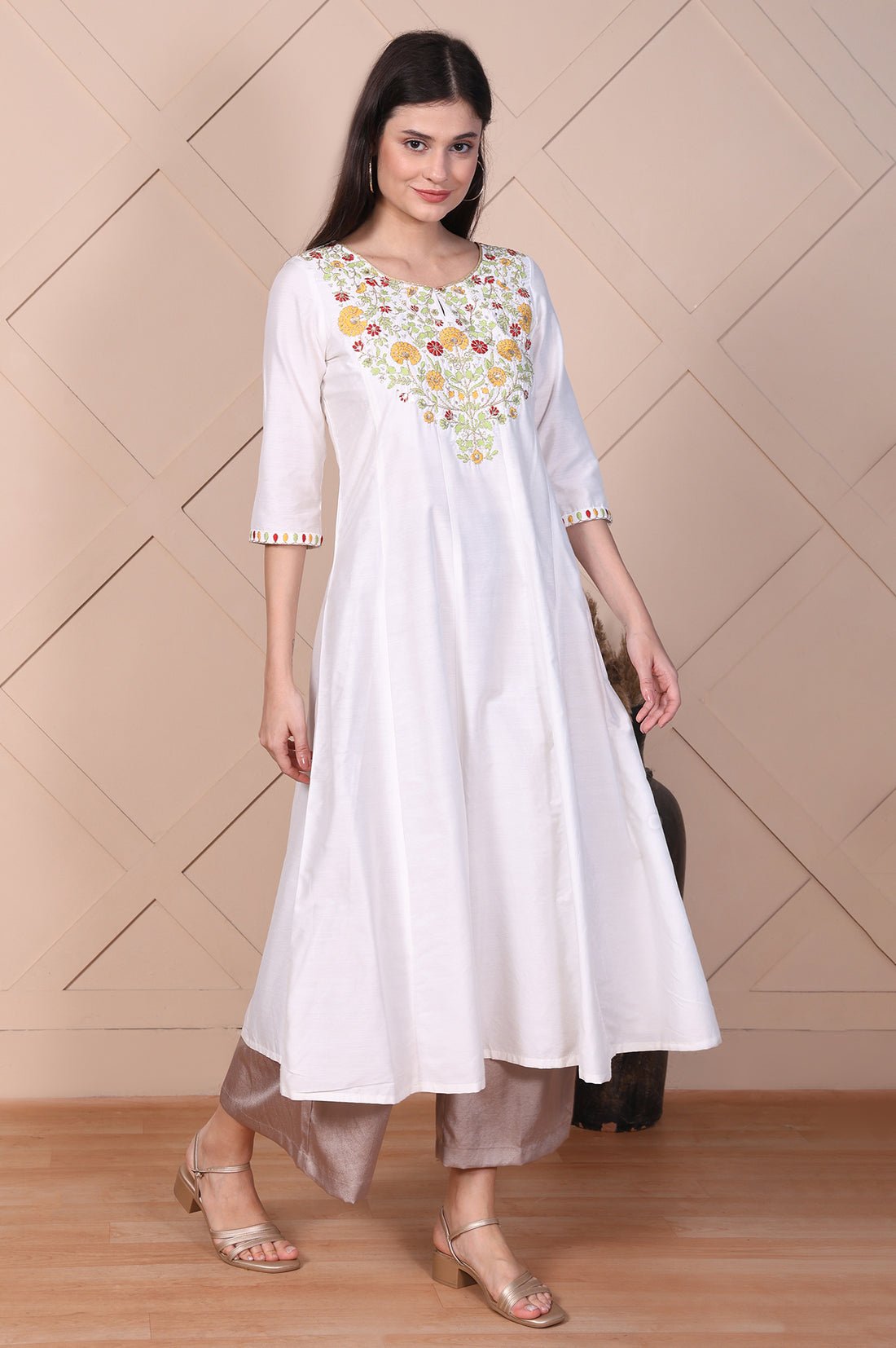 White Thread Embroidered Flared A-line Kurta