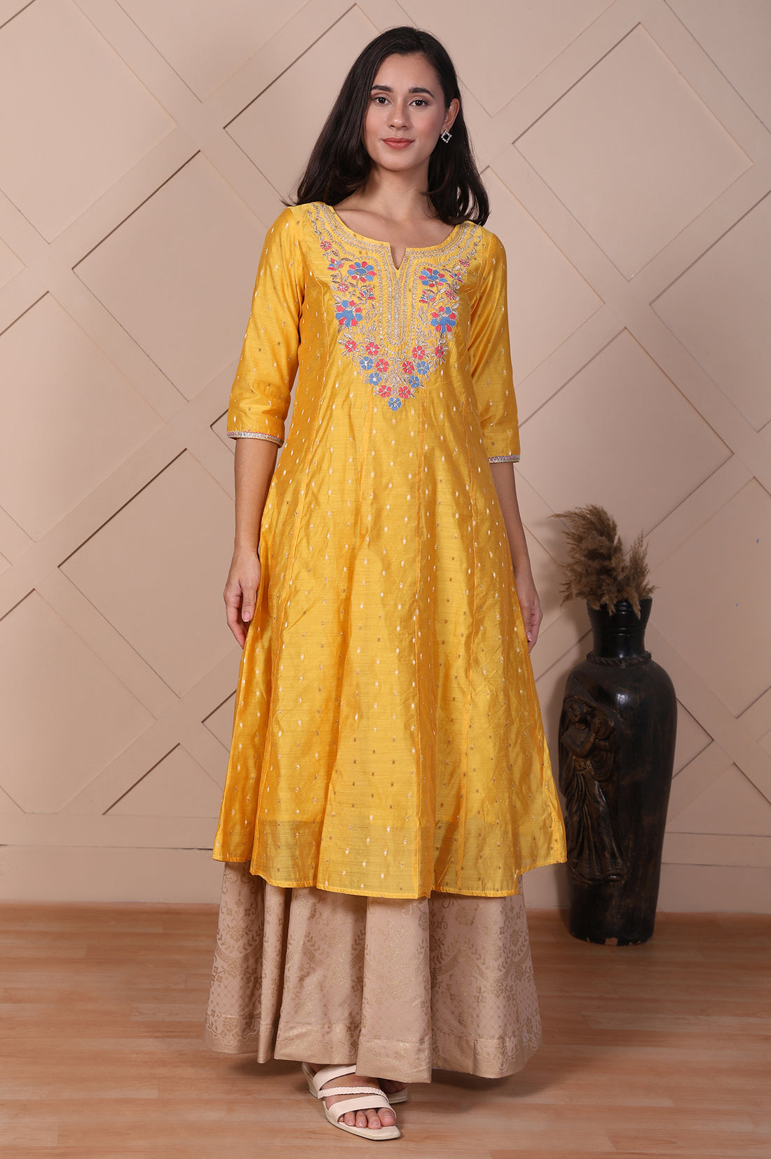 Yellow Embroidered Flared Kurta