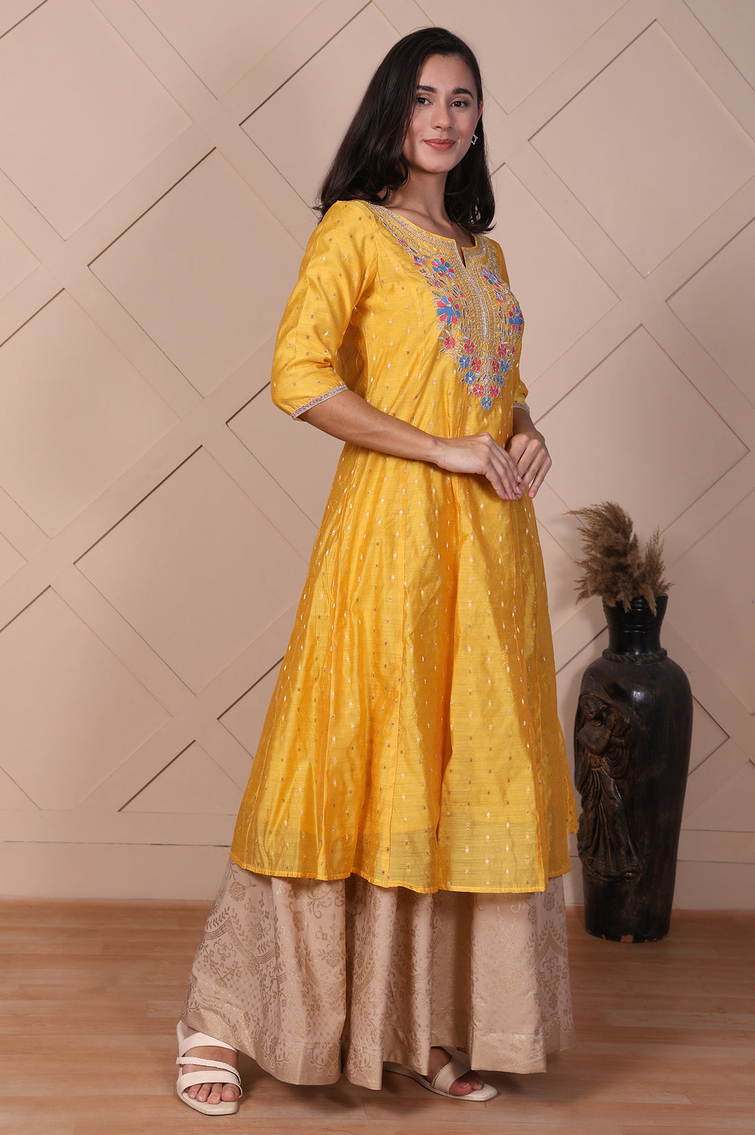 Yellow Embroidered Flared Kurta