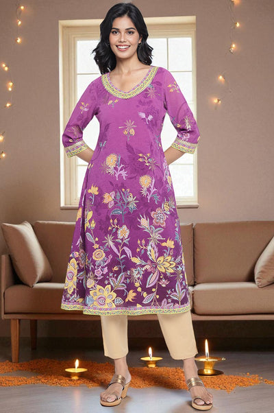 Purple Digital Printed Tape Muslin Straight Kurta