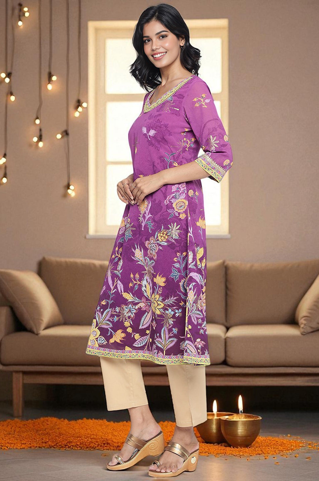 Purple Digital Printed Tape Muslin Straight Kurta