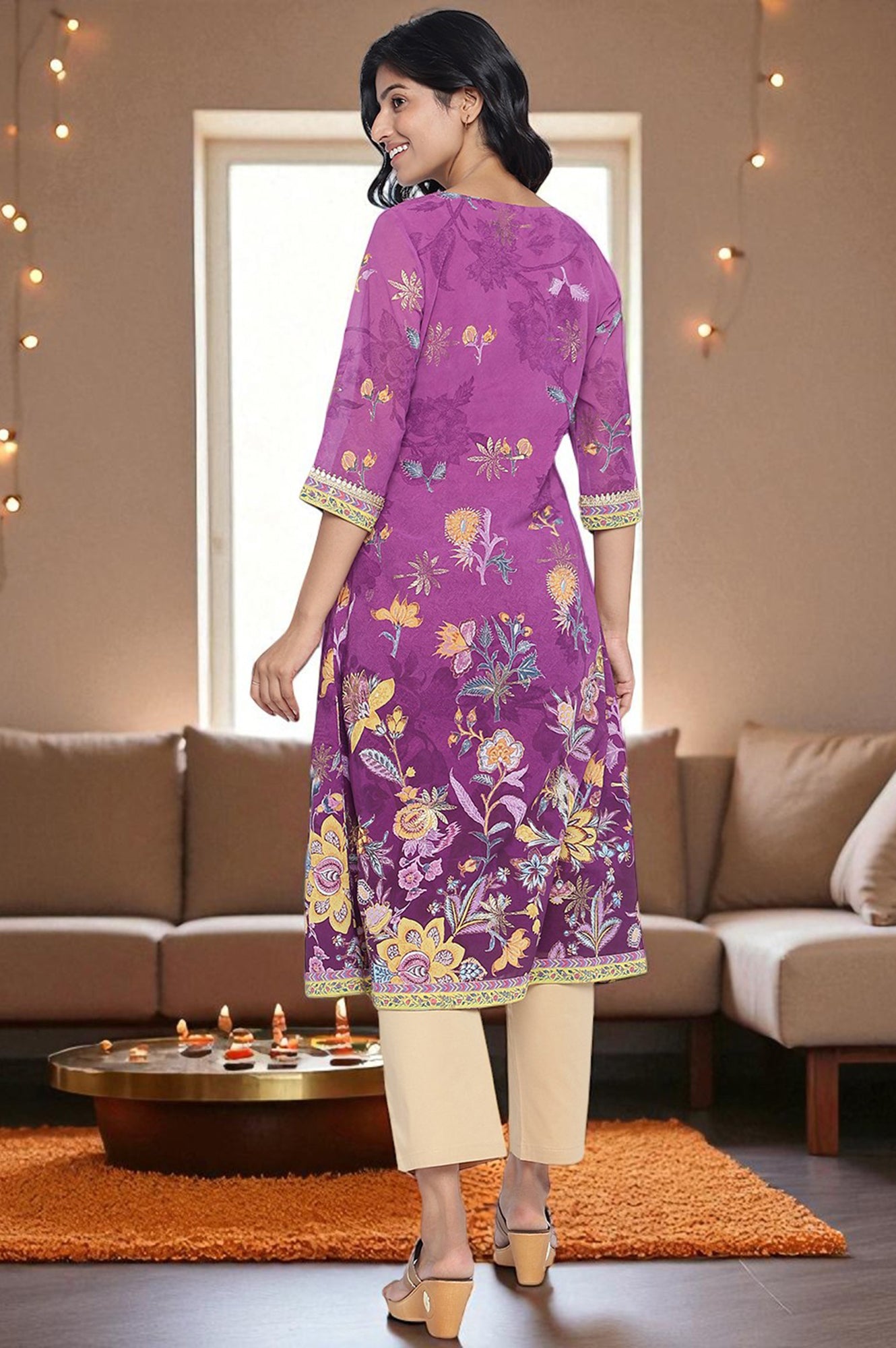 Purple Digital Printed Tape Muslin Straight Kurta