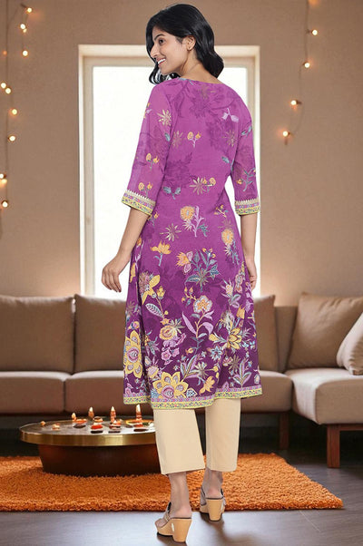 Purple Digital Printed Tape Muslin Straight Kurta