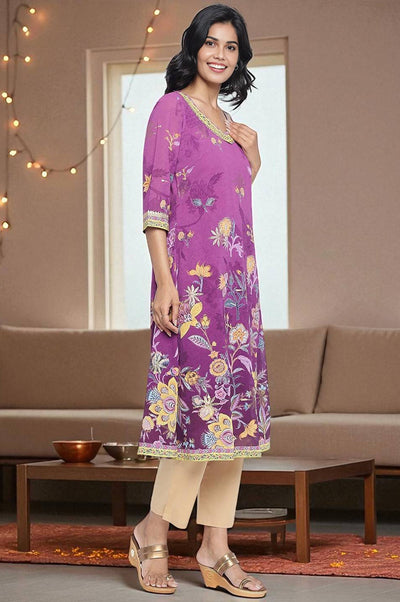 Purple Digital Printed Tape Muslin Straight Kurta