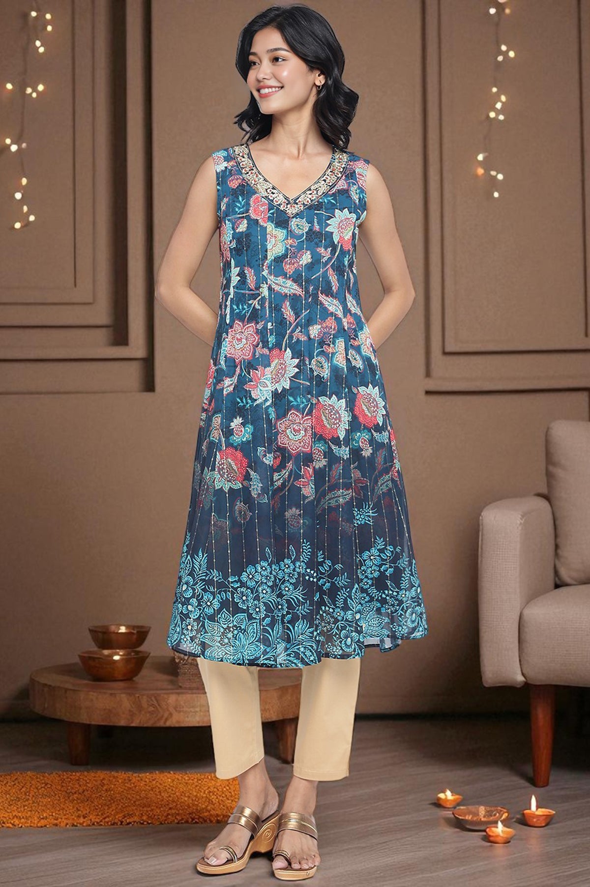 Teal Digital Printed Thread Embroidered Flared Georgette Kurta - XS