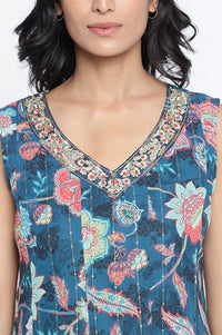 Teal Digital Printed Thread Embroidered Flared Georgette Kurta