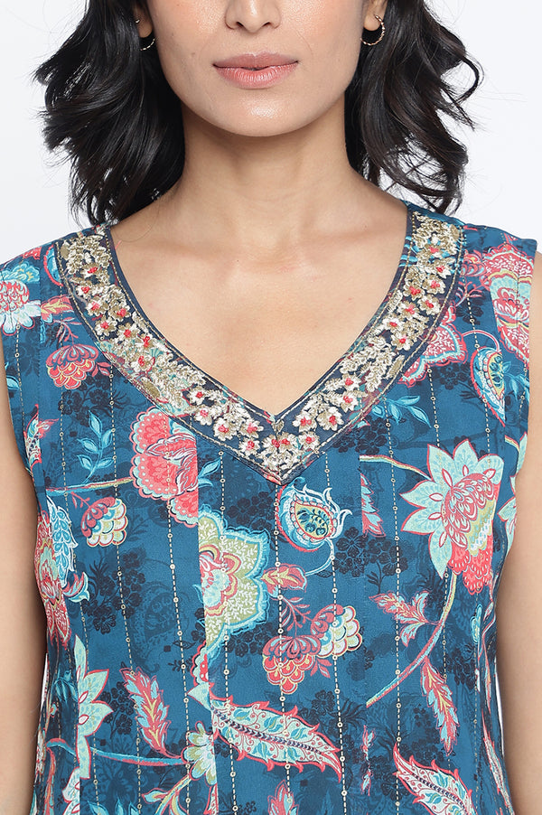 Teal Digital Printed Thread Embroidered Flared Georgette Kurta