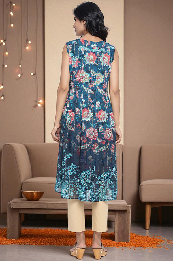 Teal Digital Printed Thread Embroidered Flared Georgette Kurta