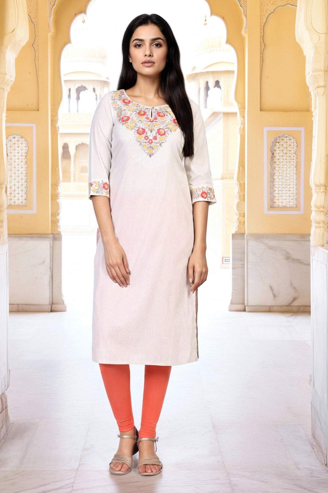 Off-White Embroidered Straight Rayon Kurta