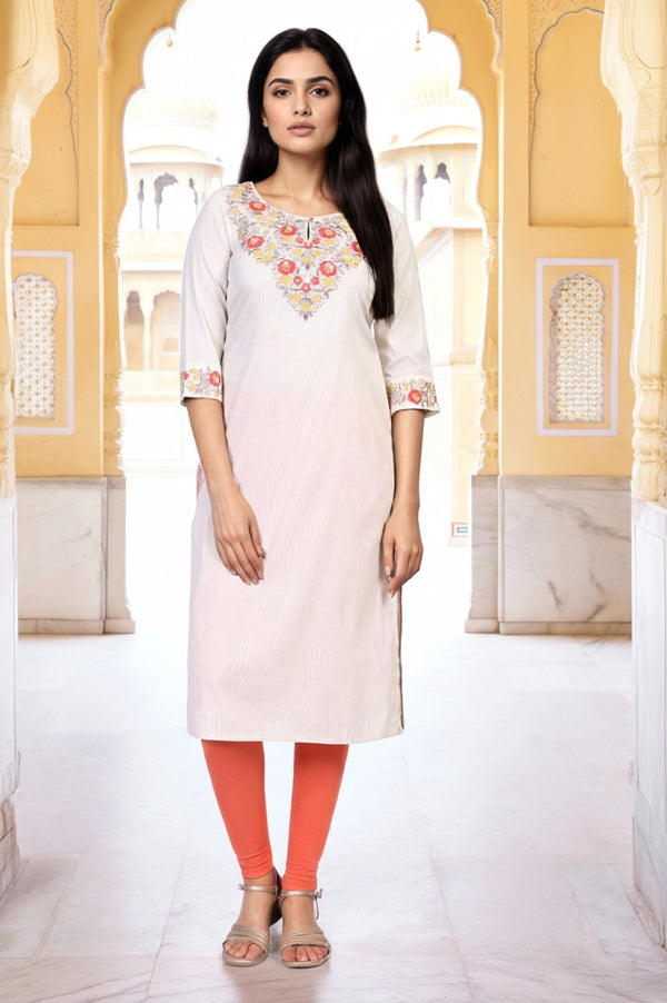 Off-White Embroidered Straight Rayon Kurta
