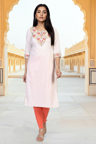 Off-White Embroidered Straight Rayon Kurta