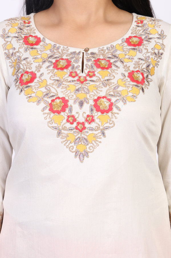 Off-White Embroidered Straight Rayon Kurta