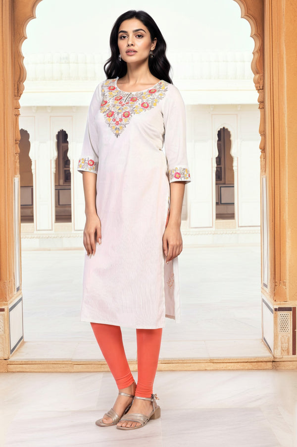 Off-White Embroidered Straight Rayon Kurta