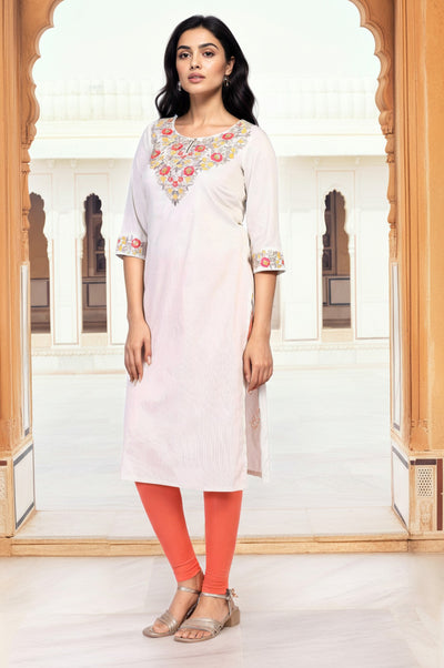 Off-White Embroidered Straight Rayon Kurta