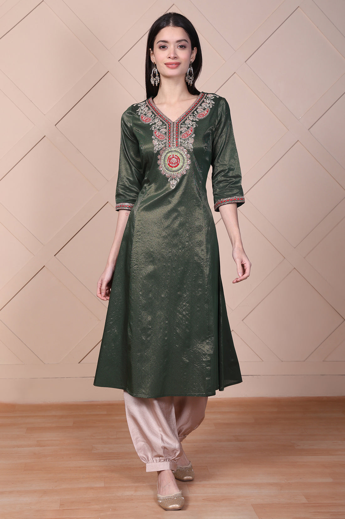 Green Embroidered A-Line Rayon Kurta