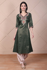 Green Embroidered A-Line Rayon Kurta