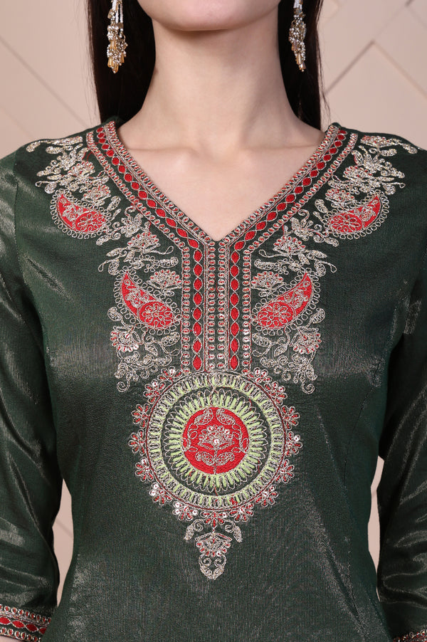 Green Embroidered A-Line Rayon Kurta