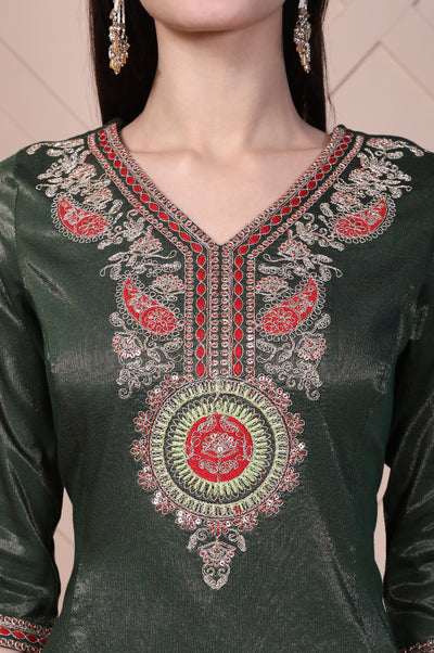 Green Embroidered A-Line Rayon Kurta