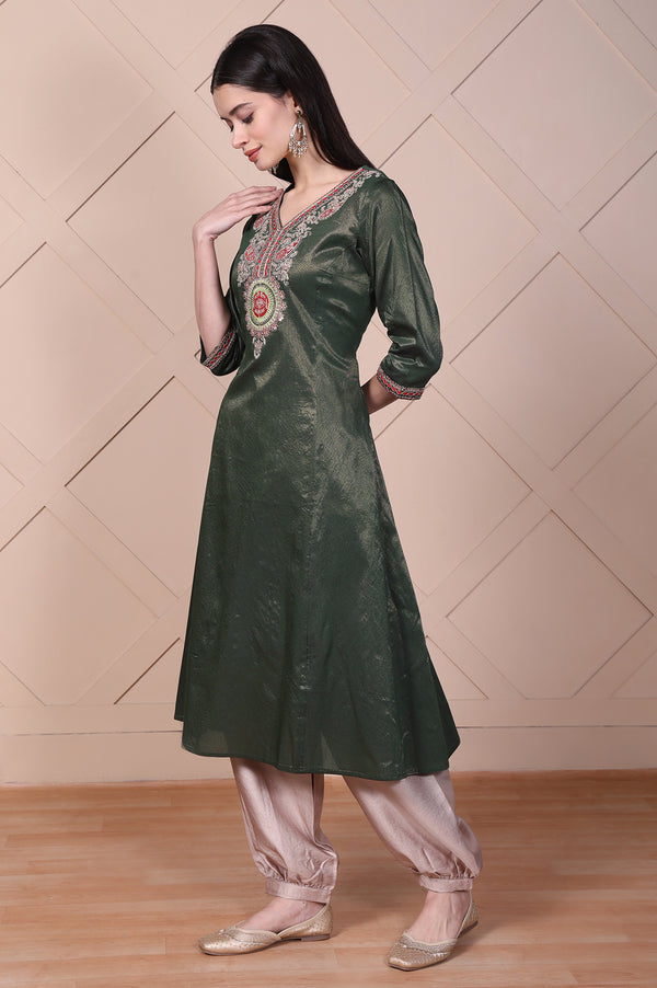 Green Embroidered A-Line Rayon Kurta