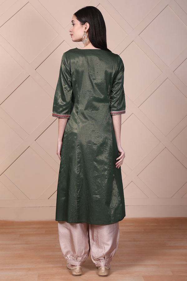 Green Embroidered A-Line Rayon Kurta