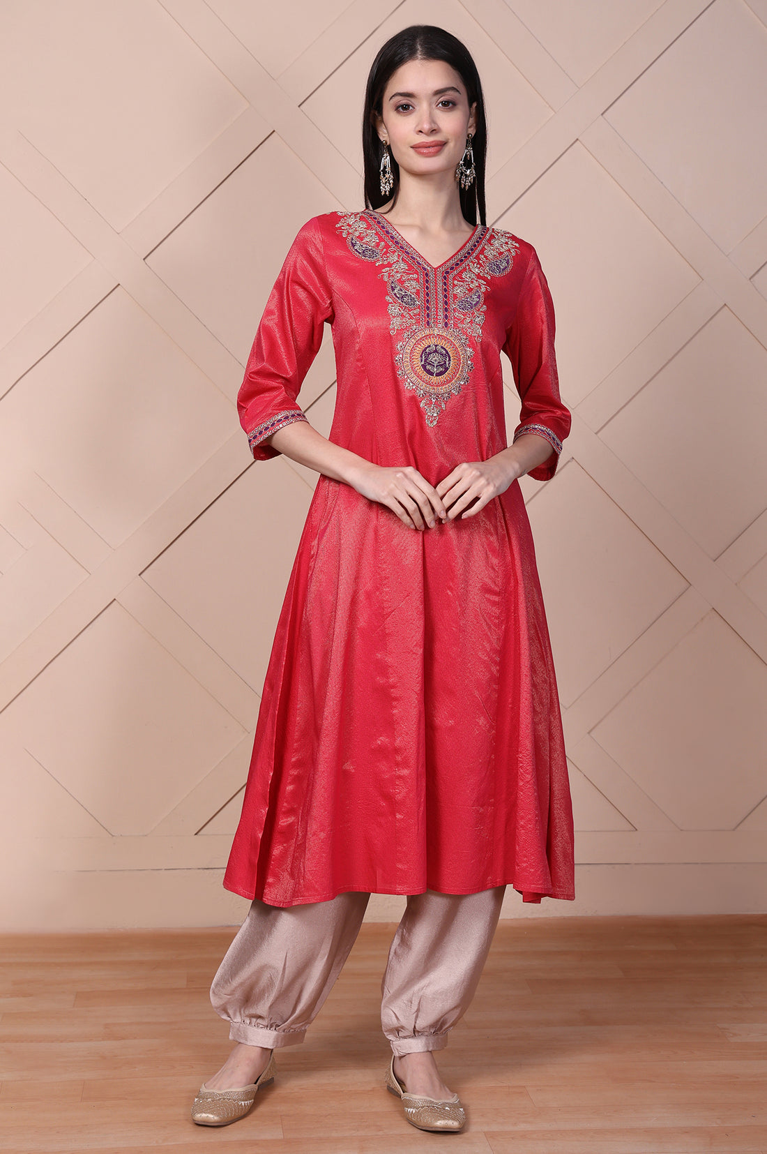 Red Embroidered A-Line Rayon Kurta