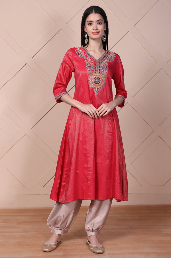 Red Embroidered A-Line Rayon Kurta