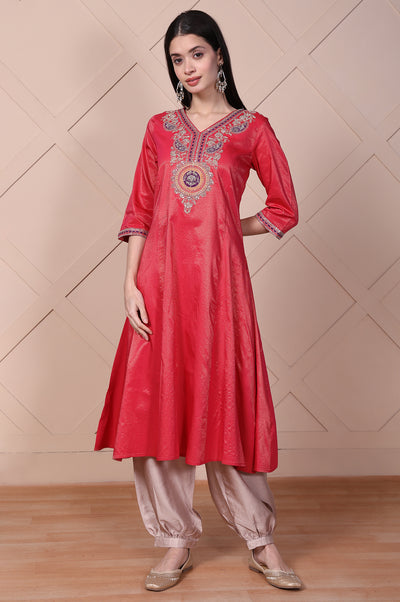 Red Embroidered A-Line Rayon Kurta