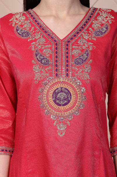Red Embroidered A-Line Rayon Kurta