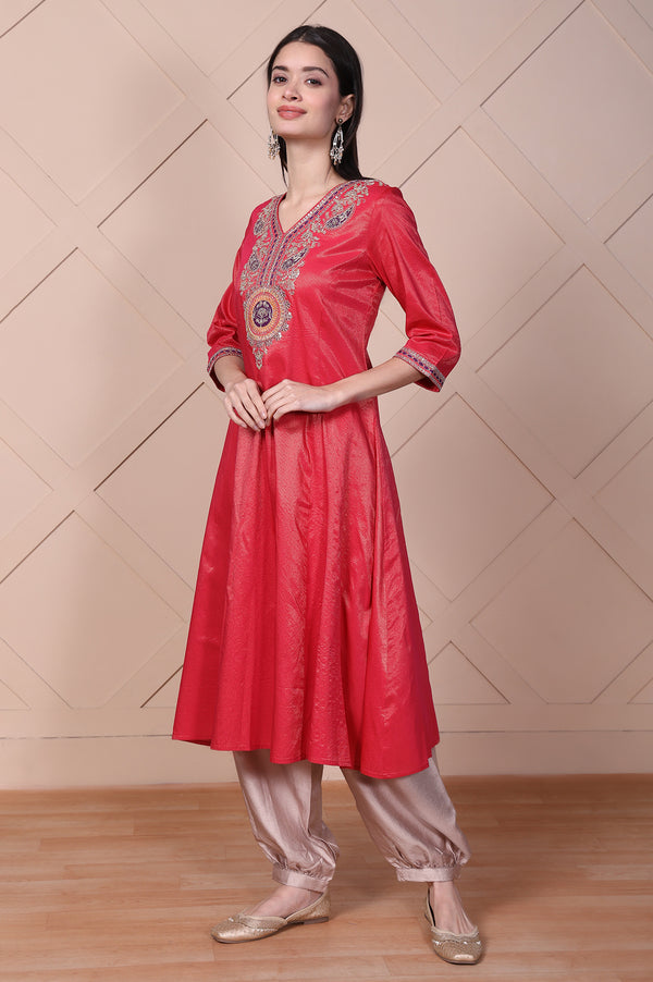 Red Embroidered A-Line Rayon Kurta