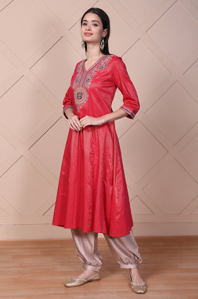 Red Embroidered A-Line Rayon Kurta